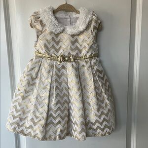 Jona Michelle Gold White Dress Faux Fur Collar, 2T